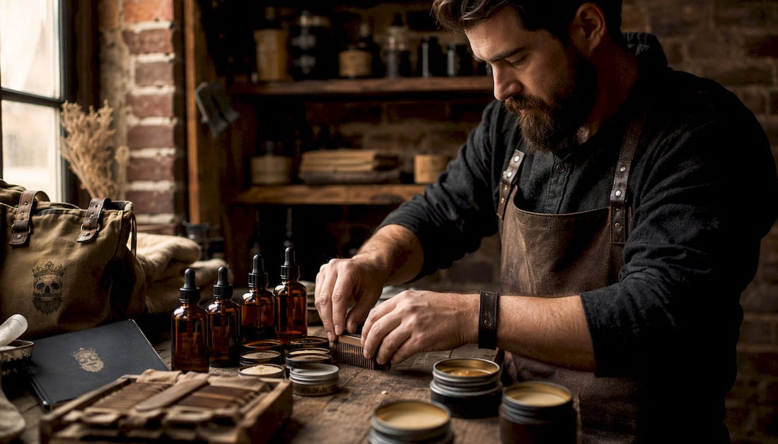 Hands arranging American-made grooming products