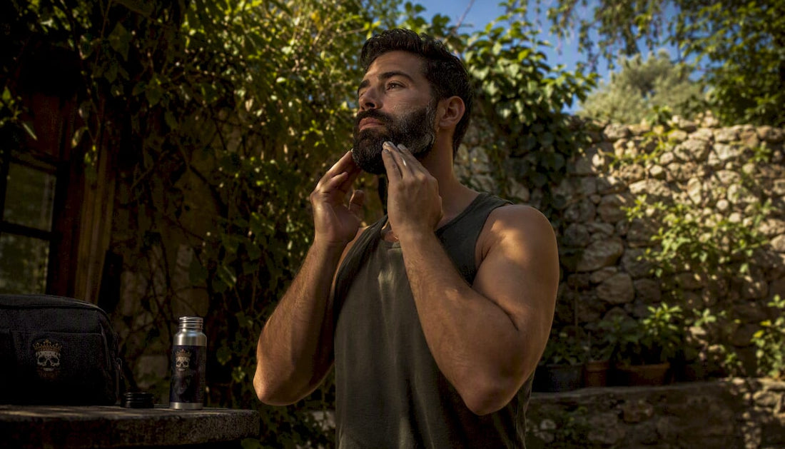 Man applying moisturizer to beard in bathroom