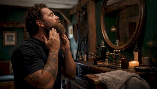 Man applying beard oil in bathroom