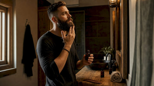 Man applying carrier oil to beard in bathroom