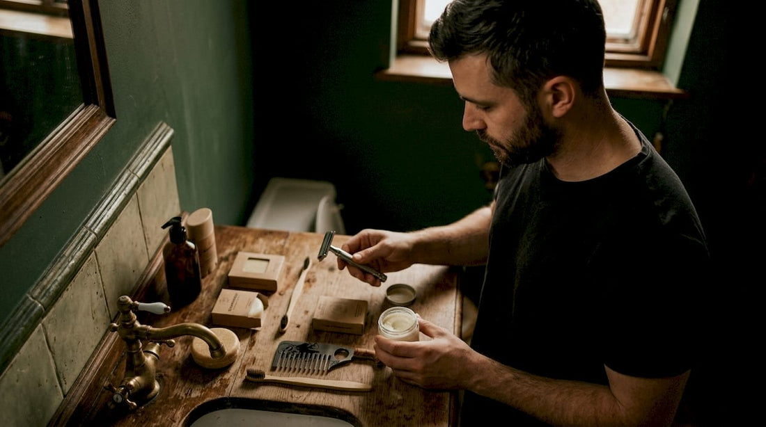 Man arranging zero-waste grooming products