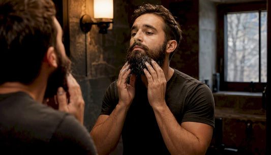 Man applying beard balm to coarse beard