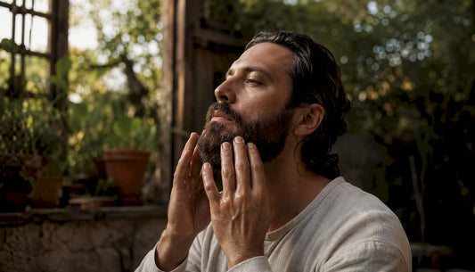 Close-up of man applying beard oil