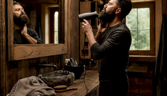 Man blow drying beard carefully
