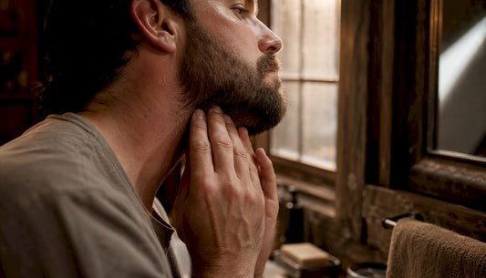 Man gently massaging skin under beard