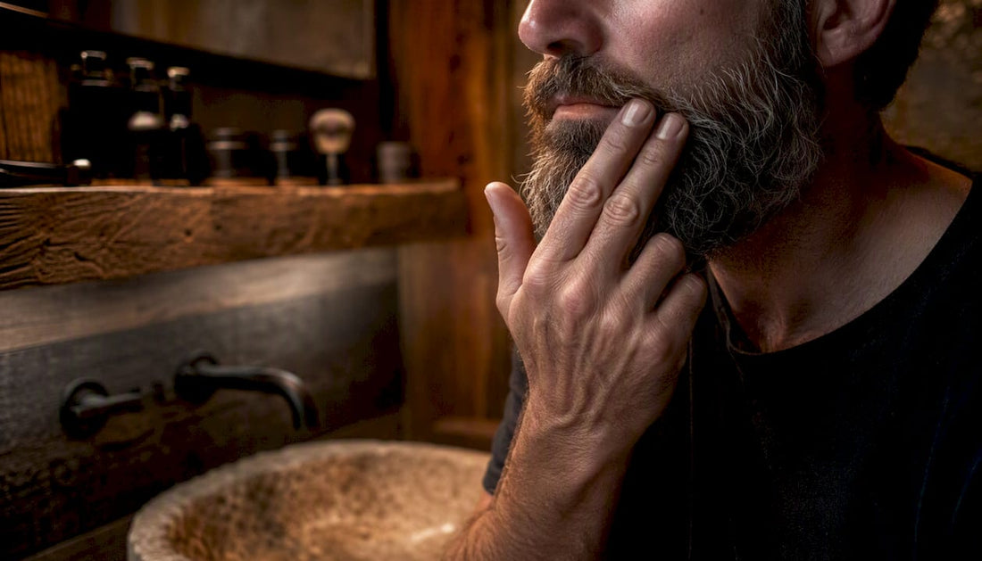 Man applying balm to mustache and beard connection