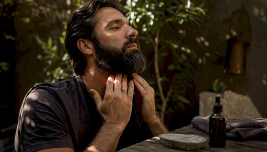 Man applying beard oil to skin under beard