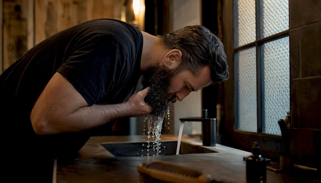 Man rinsing coarse beard with warm water