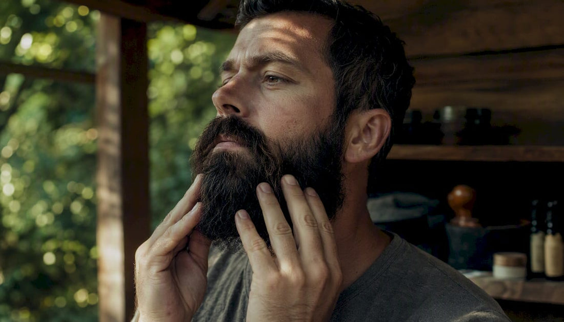 Man applying beard oil to coarse beard