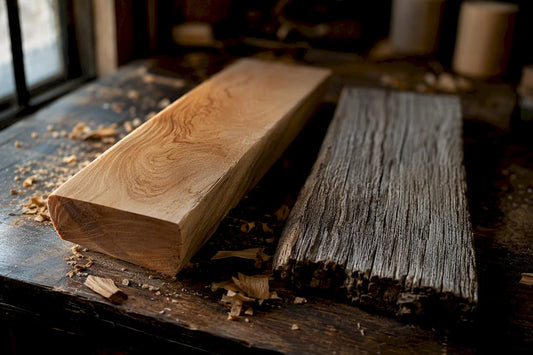 Close-up of sandalwood and cedarwood textures side by side