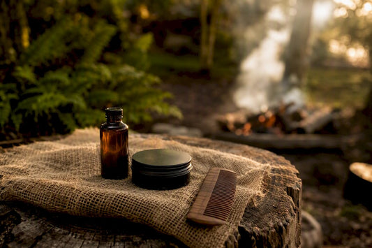 Beard grooming kit on campsite table