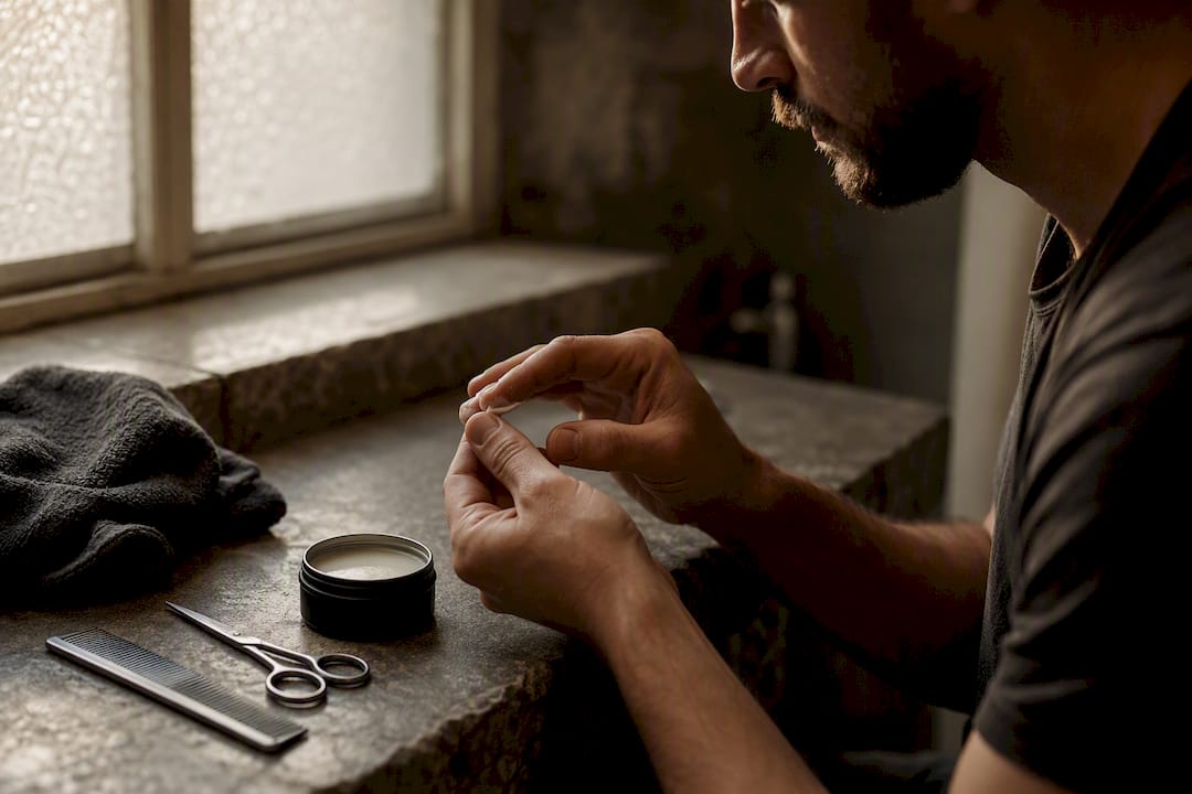 Hands warming mustache wax with comb and scissors nearby