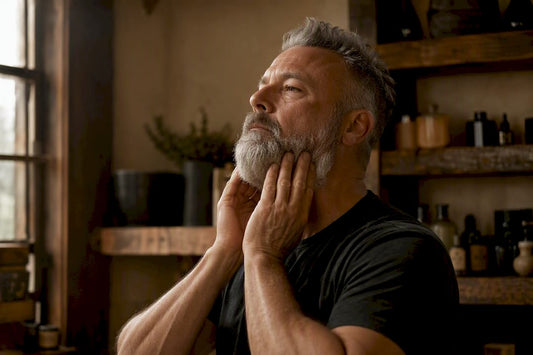 Man applying oil to coarse gray beard