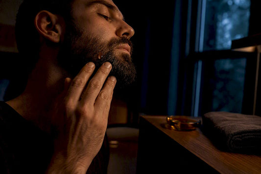 Man applying nighttime oil to coarse beard